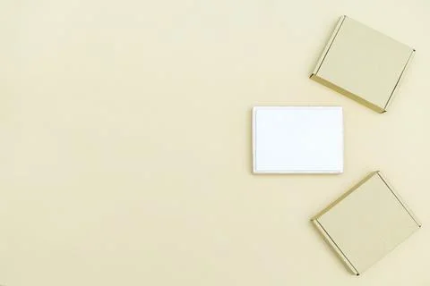 Wooden empty packaging open and closed cardboard paper craft gift box top vie Stock Photos