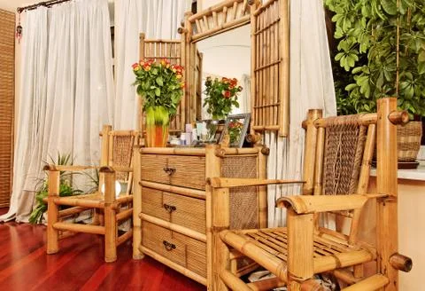 Wooden ethnic bamboo boudoir furniture Stock Photos