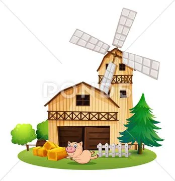 A wooden farmhouse with a playful pig Stock Illustration