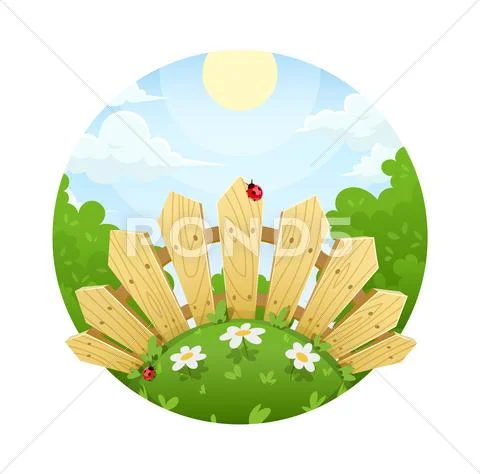 Wooden fence on lawn with flower Stock Illustration
