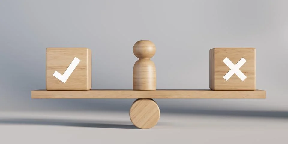 Wooden figure between boxes with checkmark and cross on wooden scale in bal.. Ilustração Stock