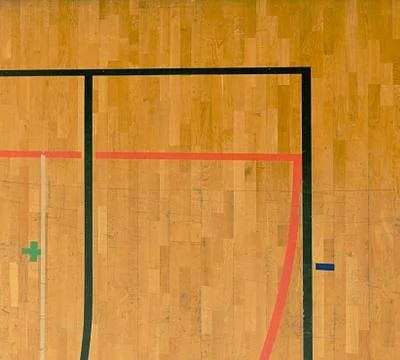 Wooden floor in sporting hall with solid and dotted lines.  Light reflection Stock Photos