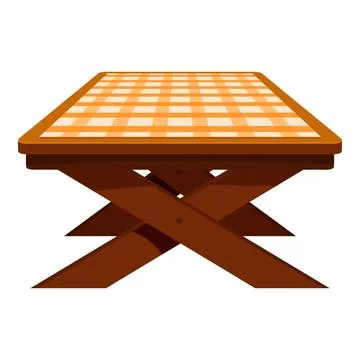 Wooden folding table with orange checkered tablecloth covering top Stock Illustration