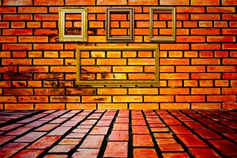 Wooden frame on brick wall Stock Photos