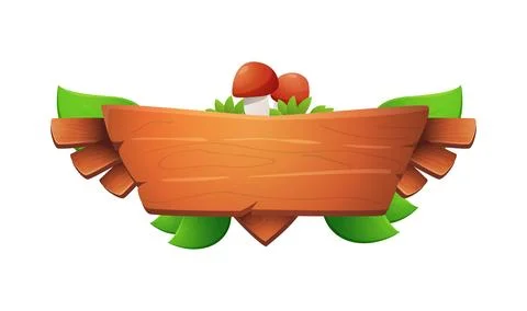 Wooden frame for childish interface ui ux game, cute red mushrooms and leaves Stock Illustration