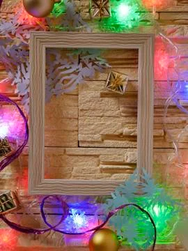A wooden frame with empty space on a stone textural background Stock Photos