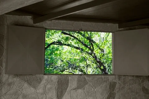 A wooden frame with lock blocking the view of nature Stock Photos