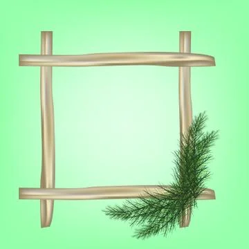 Wooden Frame with Pine tree branches iSolated in the green background. Useful Stock Illustration