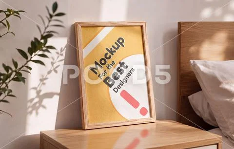 Wooden-framed picture mockup PSD Template