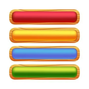 Wooden game button, menu interface made of wood textured boards with ropes and Stock Illustration