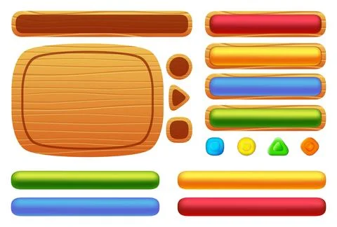 Wooden game buttons, menu interface made of wood textured boards with ropes and Illustrazione stock
