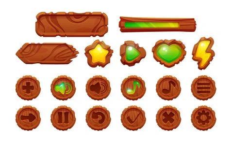 Wooden game ui design elements for videogame menu. Stock Illustration