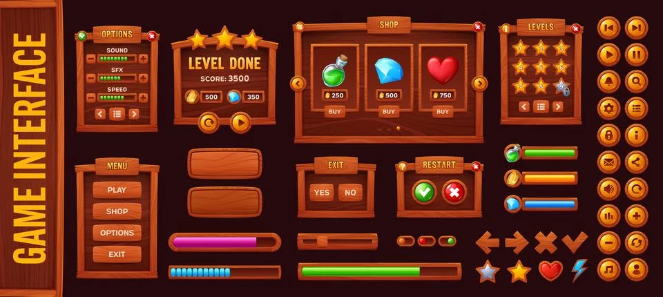 Wooden game ui interface buttons and level window 스톡 일러스트