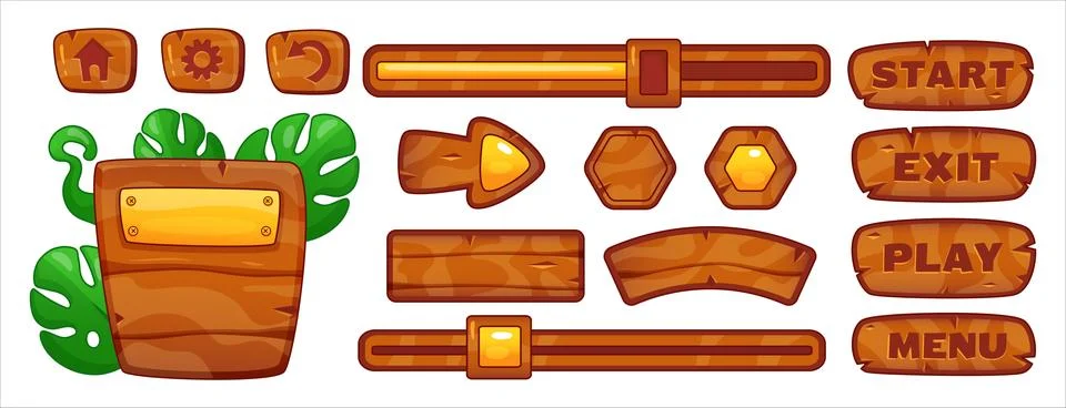 Wooden game. User interface button. Rustic panel UI. Game resources menu de.. Stock Illustration