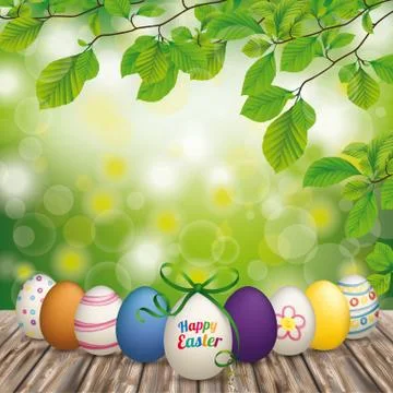 Wooden Ground Easter Eggs Green Nature Illustrazione stock