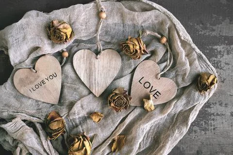 Wooden heart with the inscription I love you. Romantic greeting card with woo Stock Photos