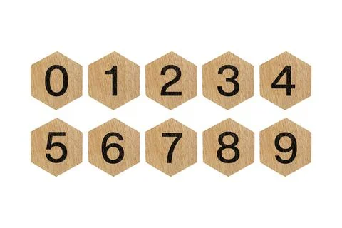 Wooden hexagonal blocks displaying numbers zero to nine, arranged in two ro.. Stock Photos