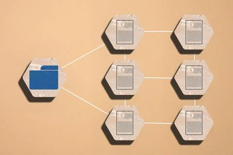 A wooden hexagonal grid, with the left element featuring a blue folder icon.. 库存照片