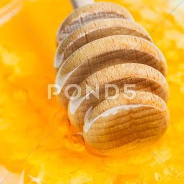 Wooden honey stick on surface of honey Stock Photos
