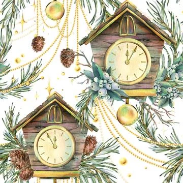 Wooden house clock with cuckoo, pine branches and cones, snowberry, golden beads Stock Illustration