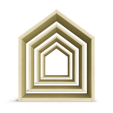 Wooden house frames standing in a perspective on a white background. Wooden Stock-Illustration