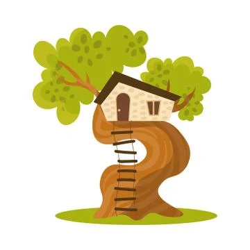Wooden house on tree with ladder vector illustration Ilustração Stock