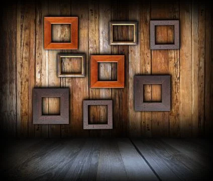 Wooden interior background with empty  frames Stock Illustration