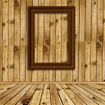 Wooden interior with empty frames Photo of empty natural wooden interior w... Stock Photos