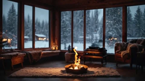 Wooden interior, fire pit on mat in a winter cabin Stock Footage 259623962