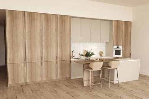 Wooden kitchen room with dining table and bar chairs, parquet floor. Kitchen Stock-Illustration