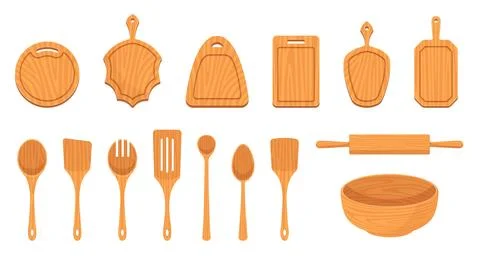 Wooden kitchen utensils. Different kitchenware, natural materials dishes Stock Illustration
