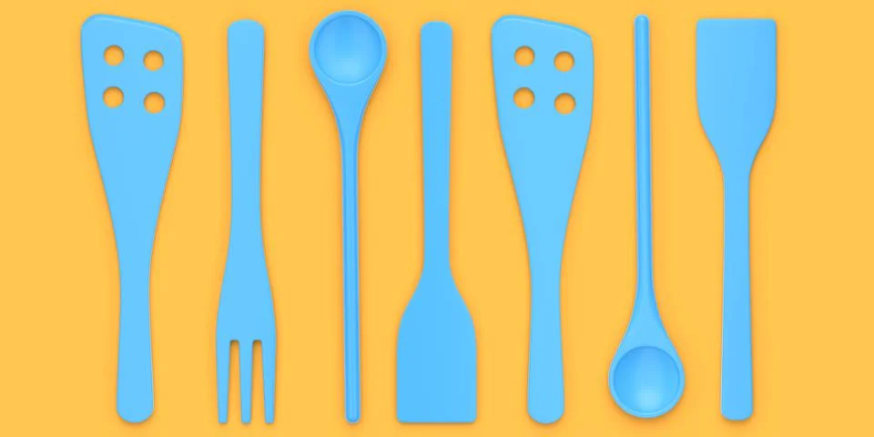 Wooden kitchen utensils, tools and equipment on orange background. Stockillustratie