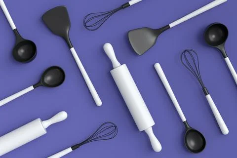 Wooden kitchen utensils, tools and equipment on violet background. Stock Illustration