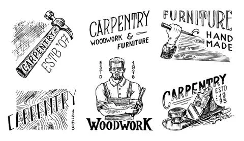 Wooden labels set for Workshop or signboards. Woodworker carpenter man, joiner Stock Illustration
