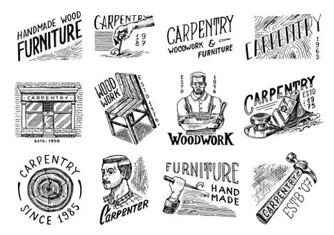 Wooden labels set for Workshop or signboards. Woodworker carpenter man, joiner Stock Illustration