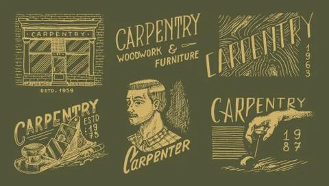 Wooden labels set for Workshop or signboards. Woodworker carpenter man, joiner Stock Illustration