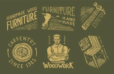 Wooden labels set for Workshop or signboards. Woodworker carpenter man, joiner Stock Illustration