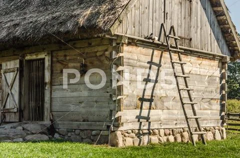 Wooden ladder leaning on a hut in the country Stock Photos