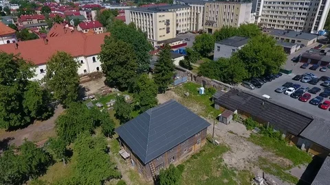 Wooden lamus-built without a single nail. Grodno, Belarus. Aerial view Stock Footage 97287196