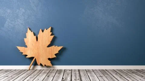 Wooden Leaf 3D Symbol Shape on Wooden Floor Against Blue Wall with Copy Space Stock Illustration