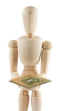 Wooden mannequin with processor Stock Photos