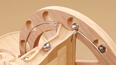 Wooden marble run machine. Rolling ball sculpture. Marble race toy. 스톡 동영상 256040948