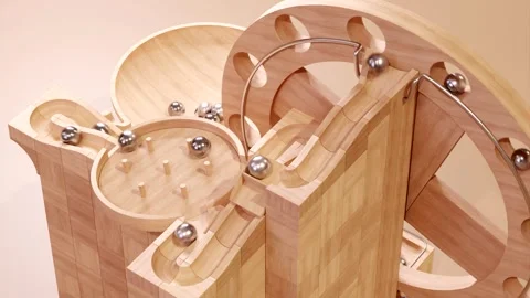 Wooden marble run machine. Rolling ball sculpture. Marble race toy. 스톡 동영상 256040998