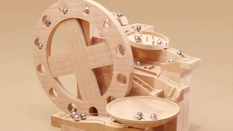 Wooden marble run machine. Rolling ball sculpture. Marble race toy. 스톡 동영상 256041009
