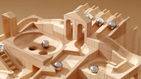 Wooden marble run machine. Rolling ball sculpture. Marble race toy. 스톡 동영상 256041132