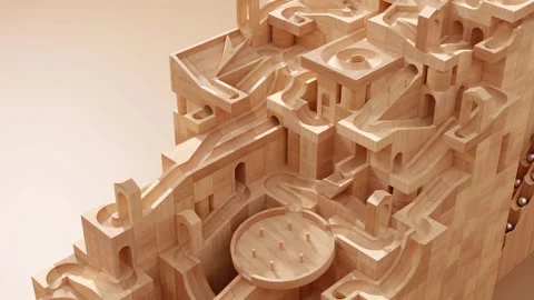 Wooden marble run machine. Rolling ball sculpture. Marble race toy. 스톡 동영상 256041133