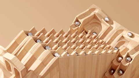 Wooden marble run machine. Rolling ball sculpture. Marble race toy. 스톡 동영상 256041134