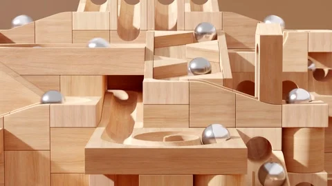 Wooden marble run machine. Rolling ball sculpture. Marble race toy. 스톡 동영상 256041165