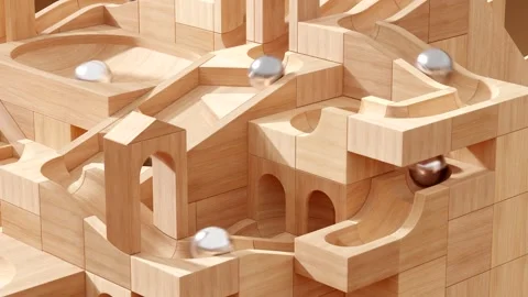 Wooden marble run machine. Rolling ball sculpture. Marble race toy. Stock Footage 256041170