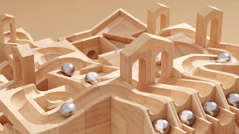 Wooden marble run machine. Rolling ball sculpture. Marble race toy. Stock Footage 256041174